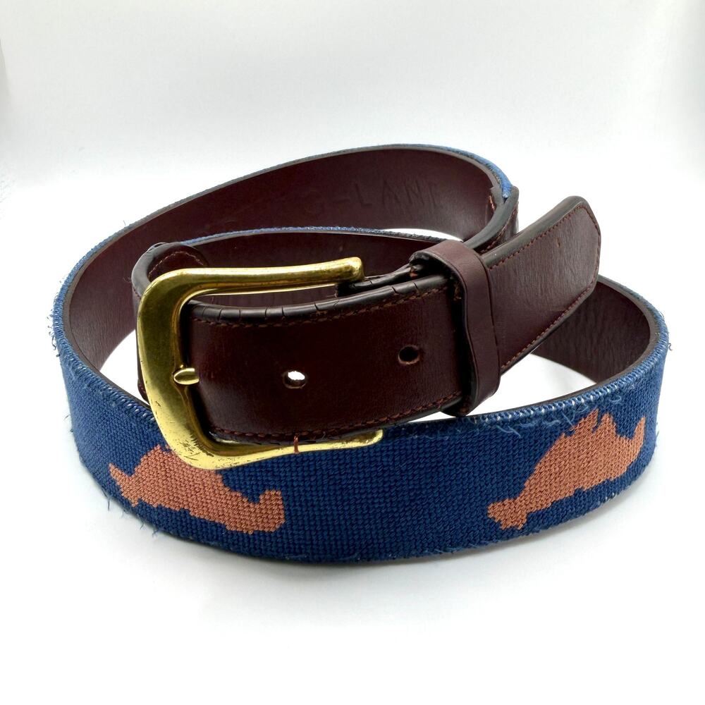 Harding Lane Blue Genuine Leather Preppy Marthas Vineyard Needlepoint Belt